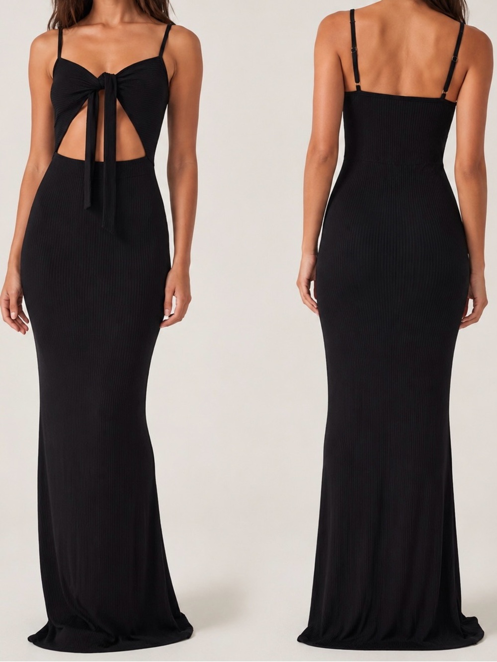 LYANER Women S Black Ribbed Maxi Dress Open Tie Back Bodycon Spaghetti Strap